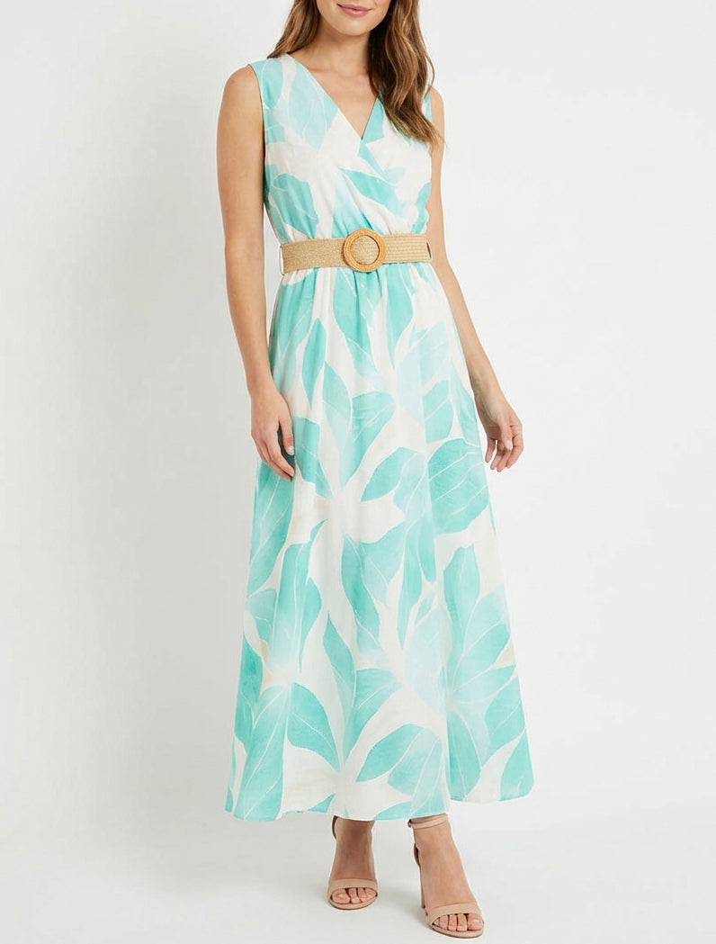 Lea | Vestido maxi estampado hojas con cinturón