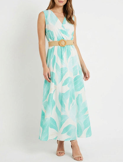 Lea | Vestido maxi estampado hojas con cinturón